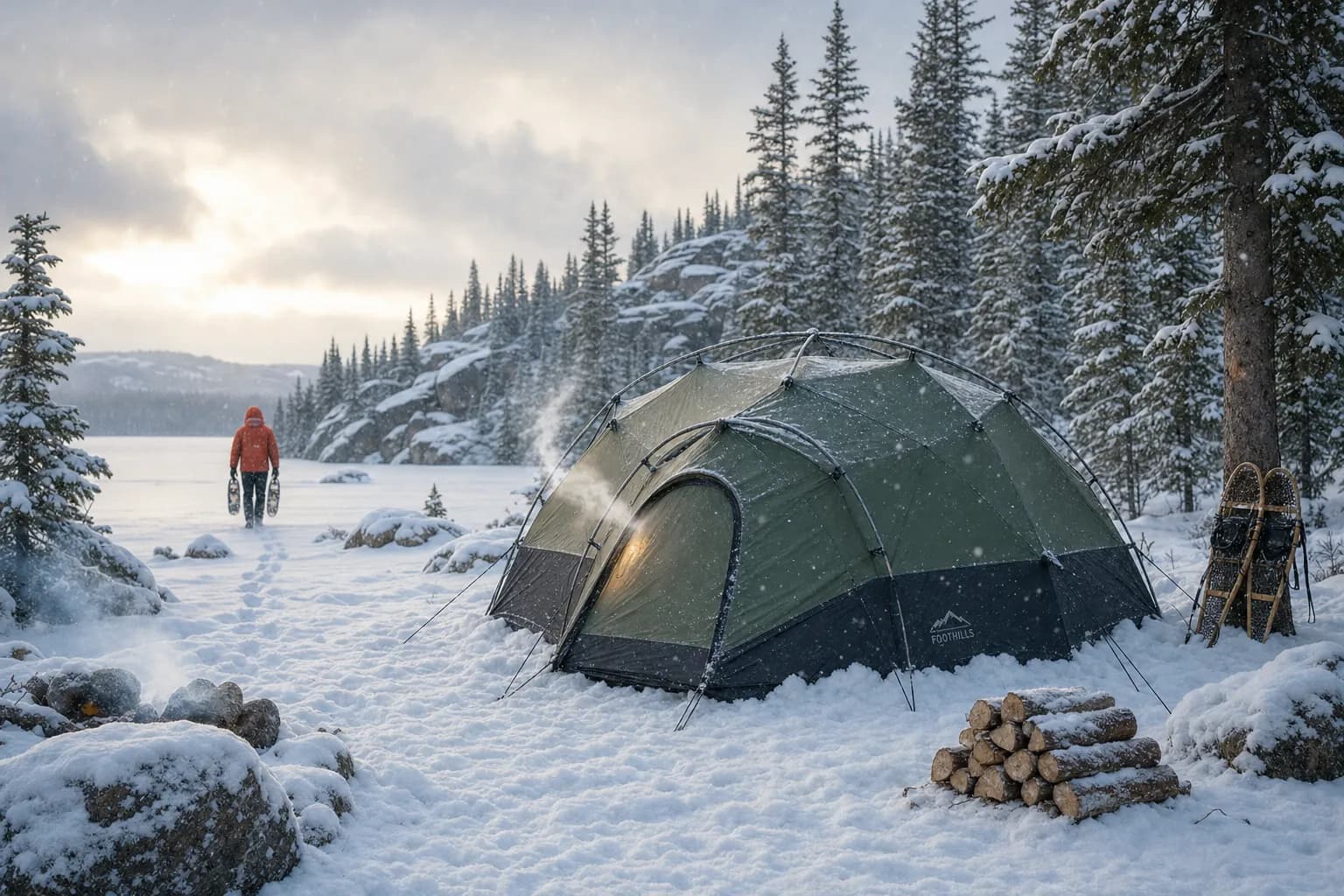 A winterized four-season tent staked into deep snow beside a frozen boreal lake, with a distant bundled hiker walking toward snow-covered evergreens under soft overcast winter light.