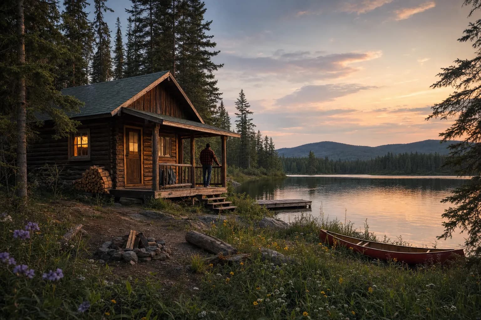 A rustic wooden cabin beside a calm forested lake at golden hour, with a canoe on the shore and a person standing on the porch looking out at the water.