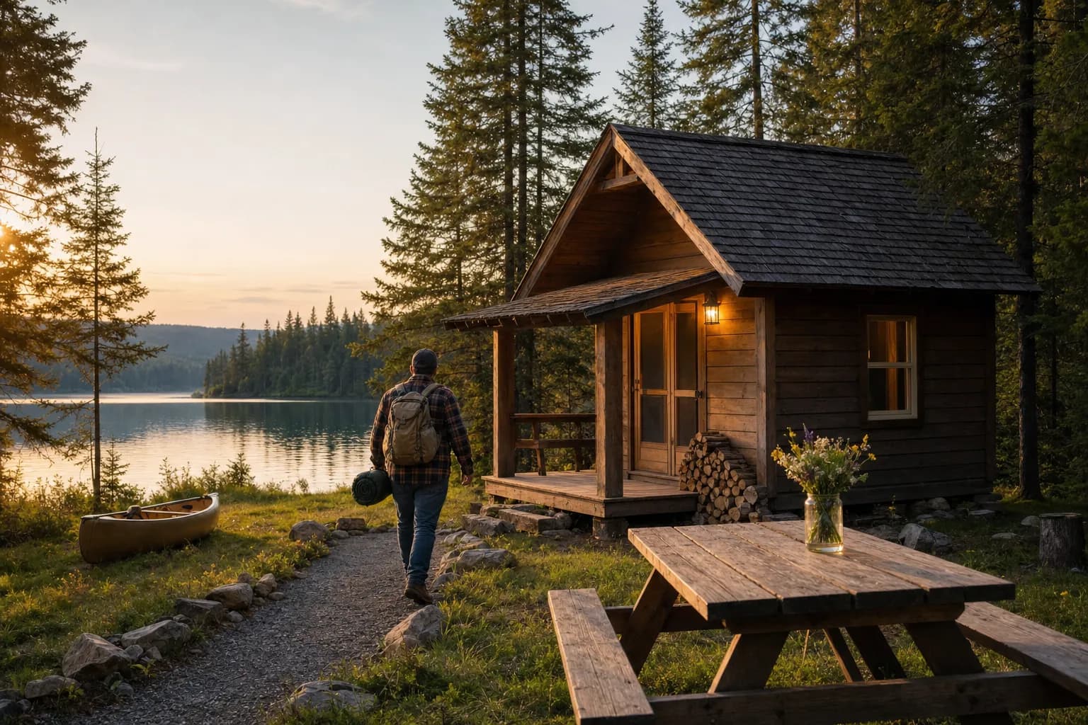 A rustic wooden camping cabin beside a calm Canadian lake at golden hour, with a camper walking toward it carrying gear, surrounded by boreal forest.