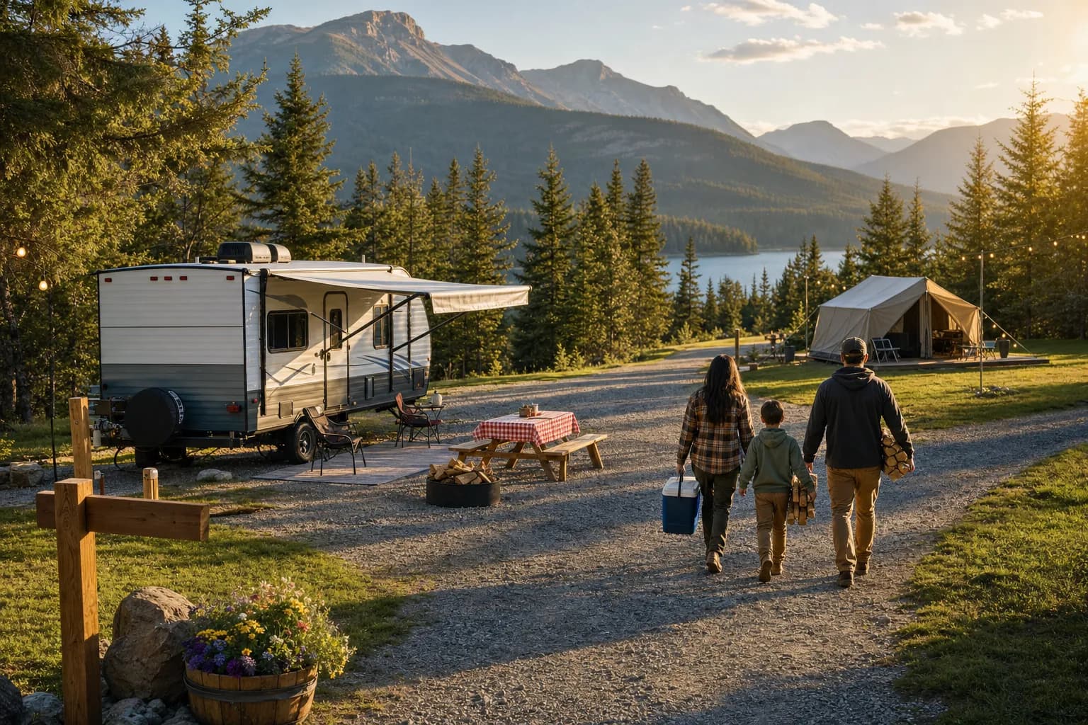 A family walks toward their RV and tent at a private campground in British Columbia, golden afternoon light over forest and distant mountains